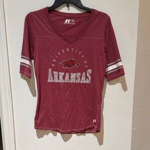 Russell Athletic Maroon V-Neck T-Shirt with University of Arkansas Logo